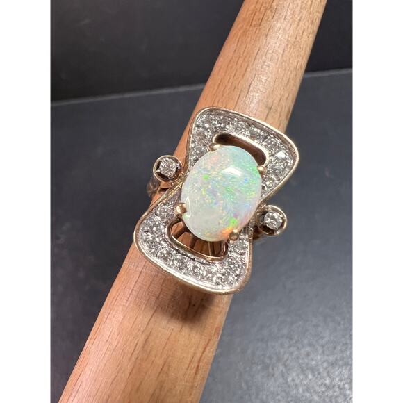 Vintage 14K Opal & Diamond Ring | Size 6.5 | Papered | 1.80ct | 60s–70s - Picture 1 of 16